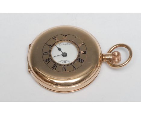 A George V 9ct gold half-hunter pocket watch, 4.5cm enamel dial inscribed J W Benson, London, Roman numerals and subsidiary s