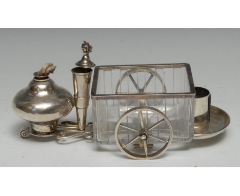 An unusual Victorian silver novelty after-dinner table trolley coaster, with glass cigarette box, lighter and vesta, 21cm lon