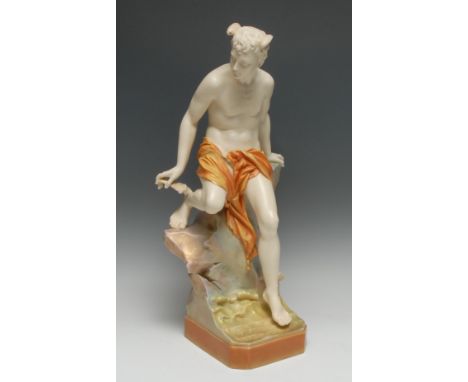 A Royal Worcester figure, Mercury, modelled by George Evans, he stands semi-clad by a rock beside lapping waves, in blush ivo