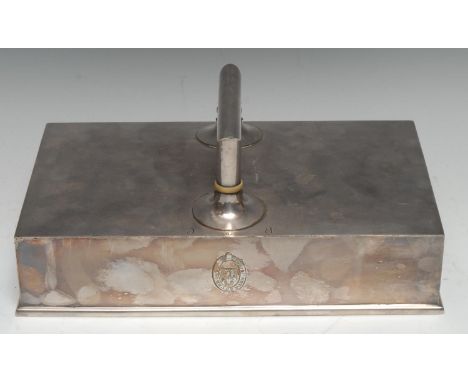 An E.P on copper knife cleaning tray, crested and inscribed R to C, 28cm wide, Elkington, c.1900 