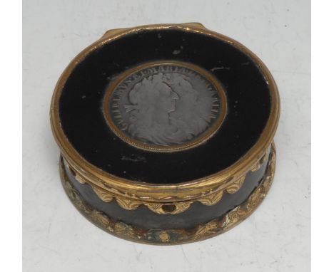 The House of Stuart and The Jacobite Cause - a late 17th century brass mounted painted tin circular snuff box, stand-away hin