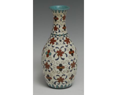 A Chinese cloisonné enamel baluster vase, decorated with flowering leafy tendrils in alternating tones of red and blue on a w