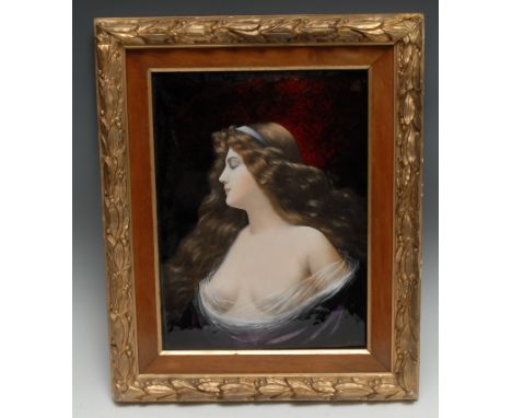 A superb Limoge enamel rectangular plaque, by Jules Sarlandie (French 1874 - 1936), of a scantillyo clad beauty, 32cm x 23.5c
