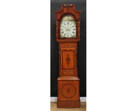 A Victorian oak and marquetry longcase clock, 35cm arched painted dial inscribed Geo Keates, Cheadle, Roman numerals, twin wi