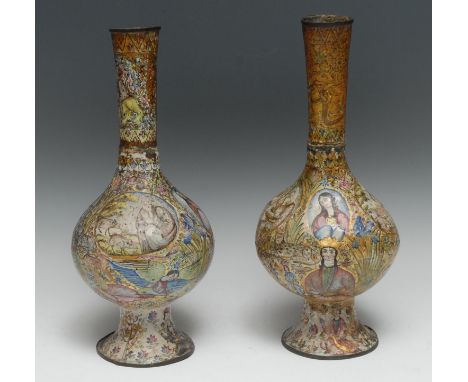 A pair of Indo-Persian enamel compressed globular vases, profusely polychrome decorated in the Mughal manner with figures, an