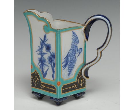 A Royal Worcester Aesthetic Movement square-section cream jug, decorated in the Oriental taste with shaped reserves of a cran