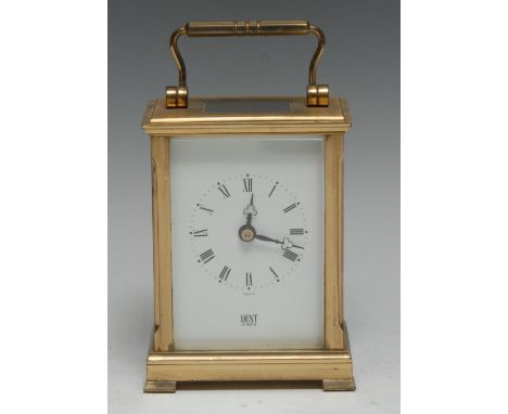 A lacquered brass carriage timepiece, the 6.5cm rectangular enamel clock dial inscribed Dent, London, Roman numerals, the key