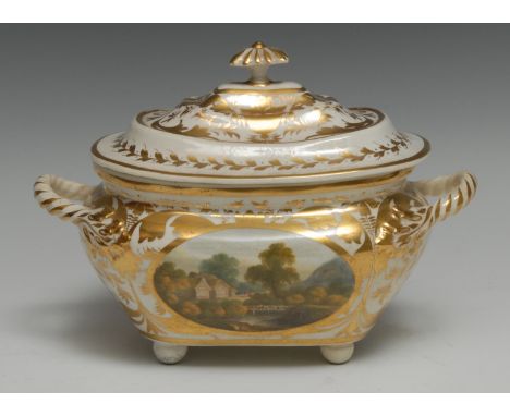 A Derby Named-View boat-shaped sucrier and cover, In North Wales and In South Wales, the ground richly gilt in the Regency ta