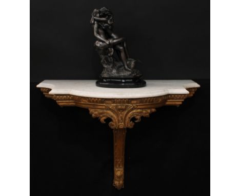 A 19th century giltwood and gesso shaped serpentine console table, of small proportions, white marble top with moulded edge a