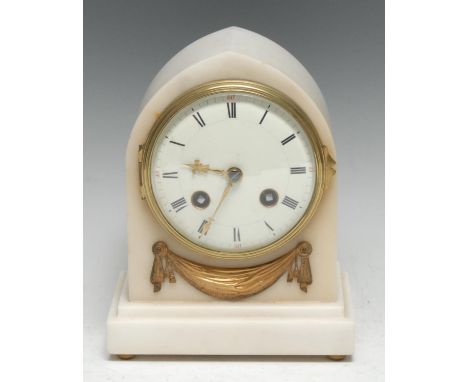 A 19th century gilt metal mounted white marble lancet shaped mantel clock, 9cm convex enamel dial inscribed with Roman numera
