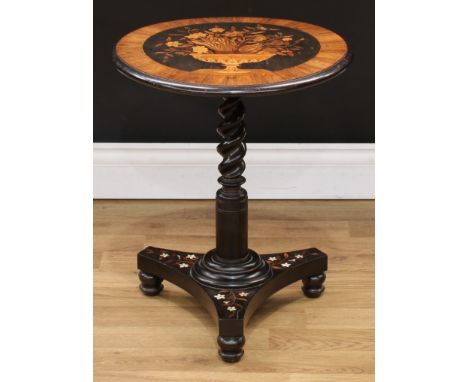 An unusual Victorian walnut, ebony and marquetry low occasional table, of small and neat proportions, circular tilting top in