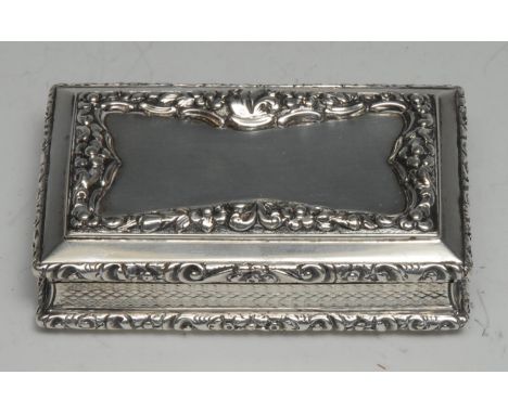 An early Victorian silver rectangular snuff box, hinged cover, cast foliate borders, engine-turned sides and base, 8cm wide, 