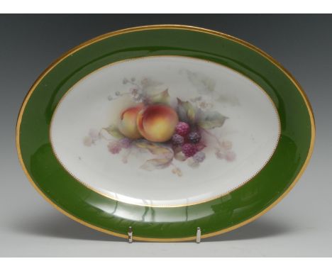 A Royal Worcester oval dish, painted by George Cole, signed, with ripe peaches, blackberries and hellebores on a white ground