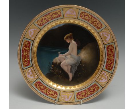 A Vienna circular plate, painted with Psyche am Mei, with Psyche scantilly draped seated at the waters edge with butterfly, w