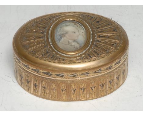 A Louis XVI Neoclassical gilt-metal oval snuff box, the hinged cover centred by a bust-length portrait miniature of a gentlem