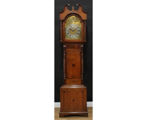 A Victorian oak longcase clock, 33cm arched brass dial, Strike/Silent to arch, silvered chapter ring, Roman and subsidiary Ar