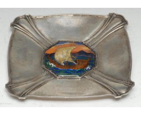 Omar Ramsden - an Arts and Crafts silver and enamel shaped square dish, the central boss decorated in polychrome with a ship,