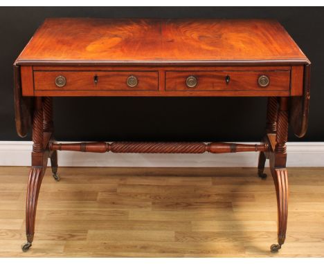 A Regency mahogany sofa table, crossbanded rectangular top above a pair of frieze drawers outlined with ebony stringing, blin