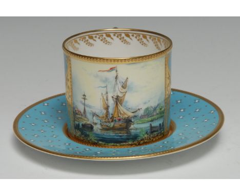 A Lynton porcelain coffee can and stand, painted by Stefan Nowaki, signed, with sailing boat setting sail, within rectangular