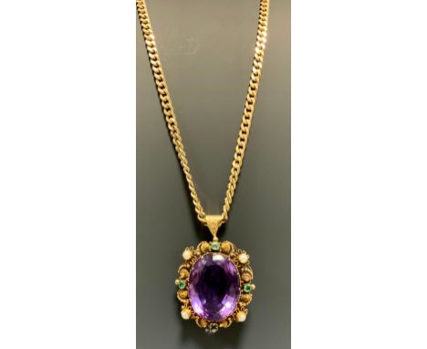 A 19th century amethyst, green stone possibly tourmaline and seed pearl pendant necklace, large central vibrant purple amethy