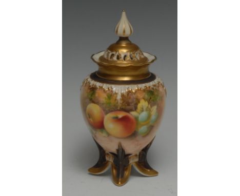 A Royal Worcester pot pourri vase and cover, painted by Frank Roberts, signed, with ripe fruit on a mossy ground, pierced cov