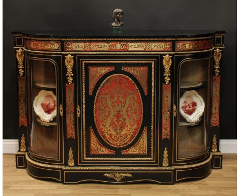 A Victorian gilt metal mounted ebonised and 'Boulle' marquetry credenza, slight break-centre top above a central panel door e