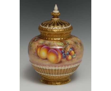 A Royal Worcester ovoid pot pourri vase and cover, painted by Reeman, signed, with ripe fruit on a mossy bank, the reticulate