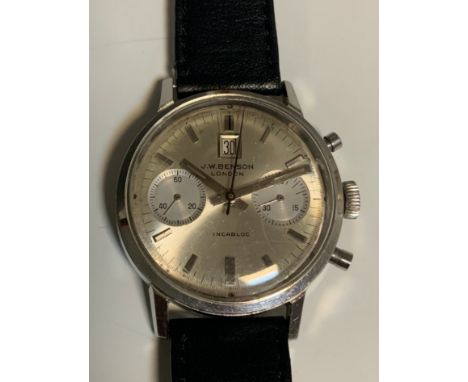 J W Benson - a vintage mid 20th century gentleman's stainless steel cased wristwatch, silvered dial, block baton markers, twi