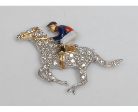 An 18ct white gold, diamond and enamel novelty brooch, as a horse and jockey, at full gallop, 4cm long, 10g 