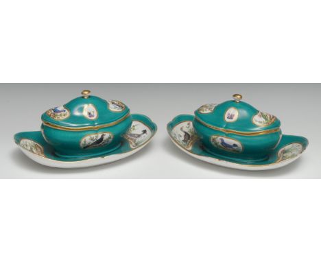 A pair of Sèvres ornithological sugar bowls and covers on fixed stands (sucrier de monsieur le premier), painted with titled 