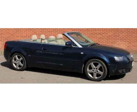 A 2003 Audi A4 2.4 Sport cabriolet convertible in blue, petrol, five speed manual, registration number P19AKE, odometer readi