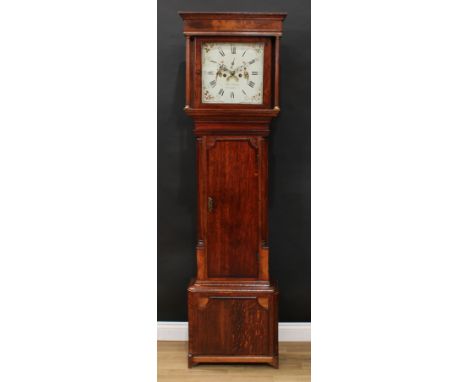 A George III oak longcase clock, 33cm square painted enamel dial inscribed Thomas Adams, Middlewich, Roman and subsidiary Ara