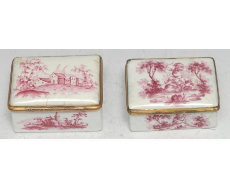 An 18th century enamel rounded rectangular snuff box, painted puce en camaïeu with amorini, 6.5cm wide, c. 1770; another, pin