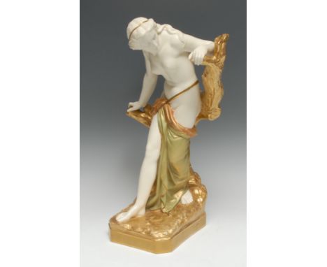 A Royal Worcester figure, The Bather Surprised, after Sir Thomas Brock, modelled as a classical figure, scantilly draped, aga