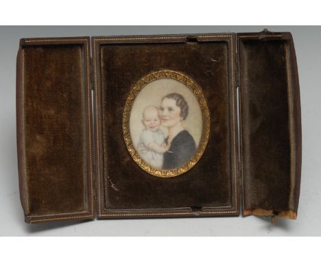 English School (early 20th century), a portrait miniature, of a mother and child, oval, watercolour on ivory, 6.5cm x 5cm, le