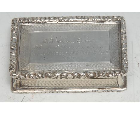 Military Interest - a Victorian silver shaped rectangular snuff box, hinged cover inscribed Presented to C E Holmes Evans, Th