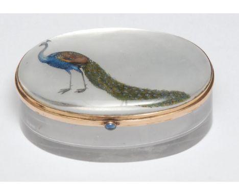 A 19th century 18ct gold mounted rock crystal oval snuff box, hinged cover intaglio reverse carved and naturalistically paint