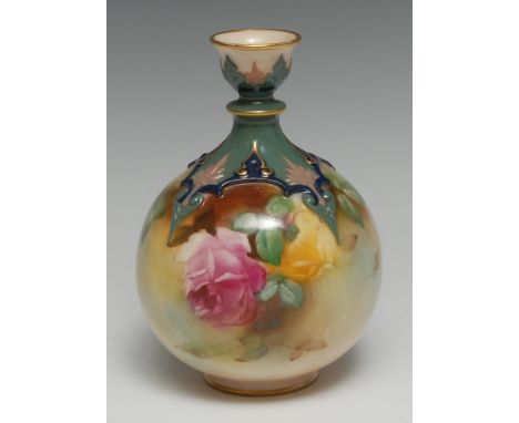 A Royal Worcester globular vase, painted with pink and yellow roses on a mottled ground, the neck and shoulder moulded in rel