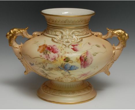 A large Royal Worcester two handled vase, painted by Edward Raby, signed with initials, with poppies and snail, the verso wit
