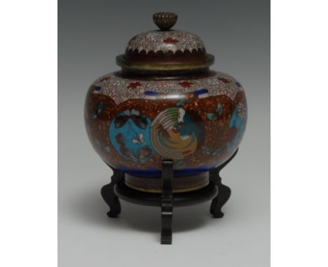 A Chinese cloisonné enamel ovoid vase and cover, colourfully decorated with roundels of phoenixes, butterflies, flowers and s