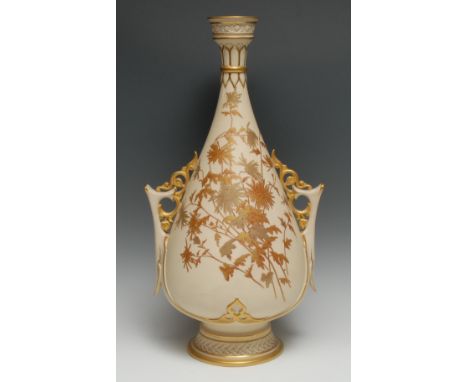 A large Royal Worcester 'Persian' ovoid vase, decorated in gilt and green with wild flowers, angular and scroll handles, stra