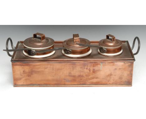 Kitchenalia - a late 19th century copper Country House three section Bain Marie, with three graduated Wedgwood white ceramic 