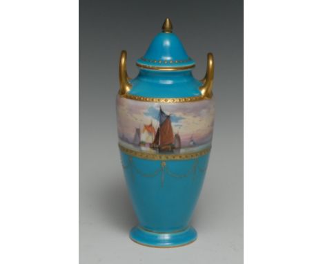 A Mintons two handled slender ovoid vase and cover, painted by J. E Dean, signed, with continuous band of sailing boats, 17.5