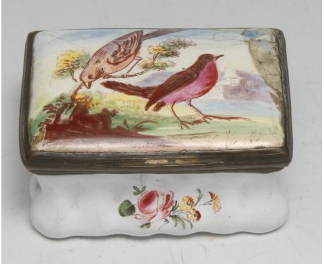A George III South Staffordshire enamel waisted rectangular snuff box, the hinged cover painted with birds, the fluted base w