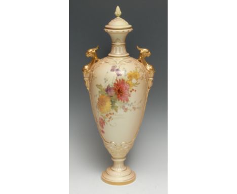 A Royal Worcester pedestal ovoid vase and cover, printed and painted with colourful summer flowers, gilt griffin handles, dom
