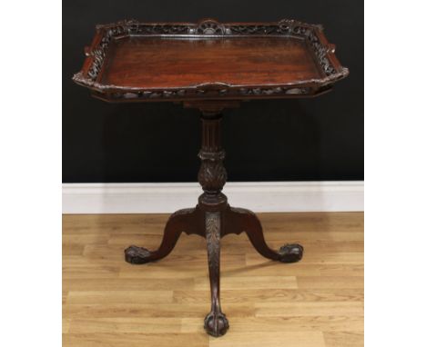 A George II Revival Chippendale design mahogany tray top silver or occasional table, the tilting top on birdcage support, sha