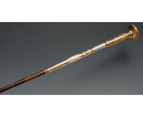 An early 20th century sword stick, gilt metal and mother-of-pearl haft, bamboo shaft, 92.5cm high 