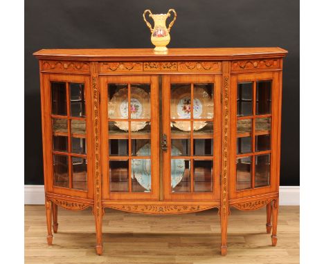 A Sheraton Revival satinwood and painted side cabinet, slightly oversailing canted rectangular top with moulded edge above a 