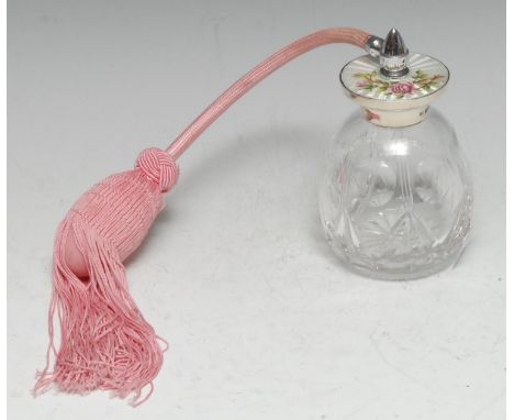 An Elizabeth II silver and guilloche enamel mounted clear glass ovoid atomiser, decorated with roses, 11.5cm high, London 195