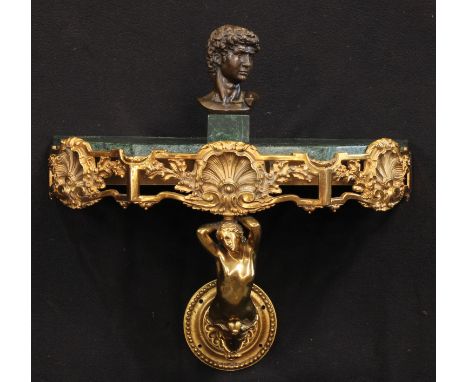 An 18th century style brass wall-mounted pier console table, shaped verde marble top, the frieze cast and applied with shells